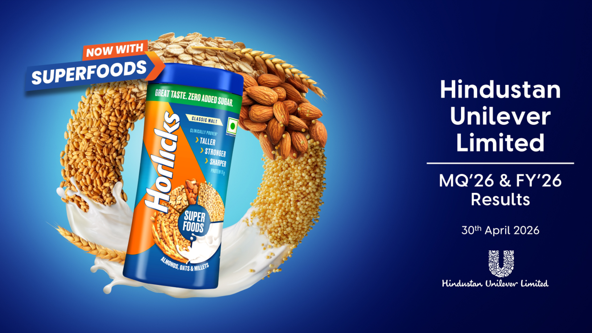 Horlicks Superfoods container surrounded by swirling almonds, oats, and milk against a blue background. Text reads 'Hindustan Unilever Limited MQ’26 & FY’26 Results, 30th April 2026.'