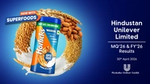 Horlicks Superfoods container surrounded by swirling almonds, oats, and milk against a blue background. Text reads 'Hindustan Unilever Limited MQ’26 & FY’26 Results, 30th April 2026.'