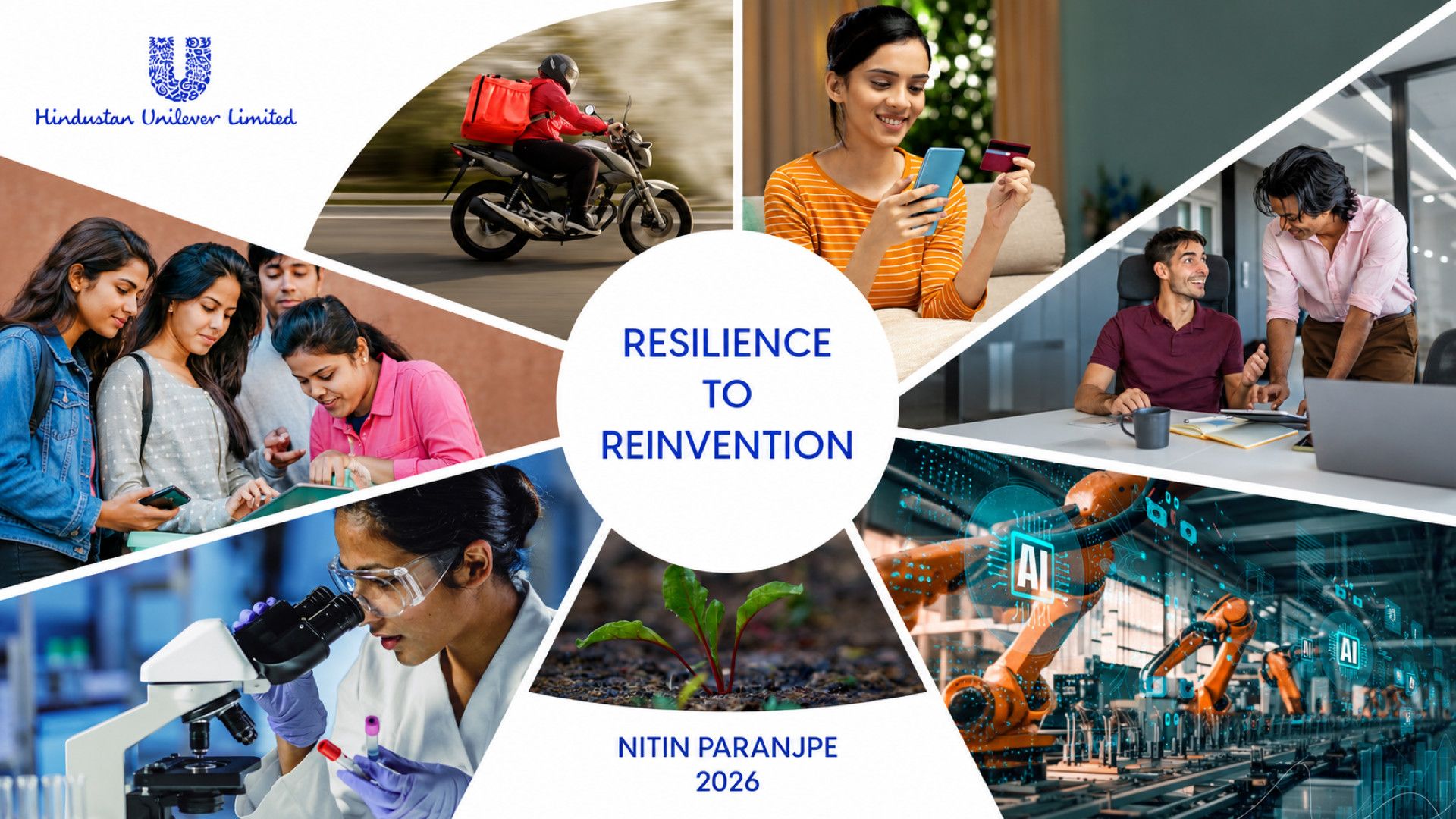 Collage of people, technology, research, agriculture, and manufacturing around the title “Resilience to Reinvention”.