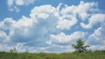 A picture with blue sky, clouds and green plants.
