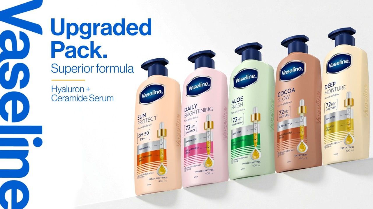 Five Vaseline body lotion bottles in upgraded packaging with hyaluron and ceramide serum.