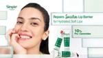 Smiling woman beside Simple lip balm tubes promoting hydrated, soft lips with 10% pro-ceramides.