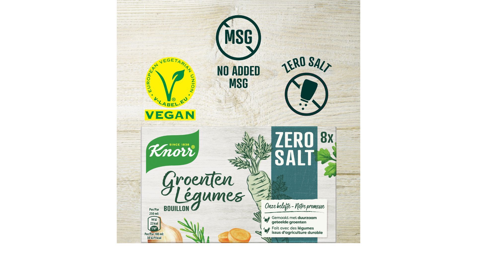 A pack of Knorr Zero Salt bouillons with the European Vegetarian Union symbol above, ‘No added MSG’ and ‘Zero salt’ symbols