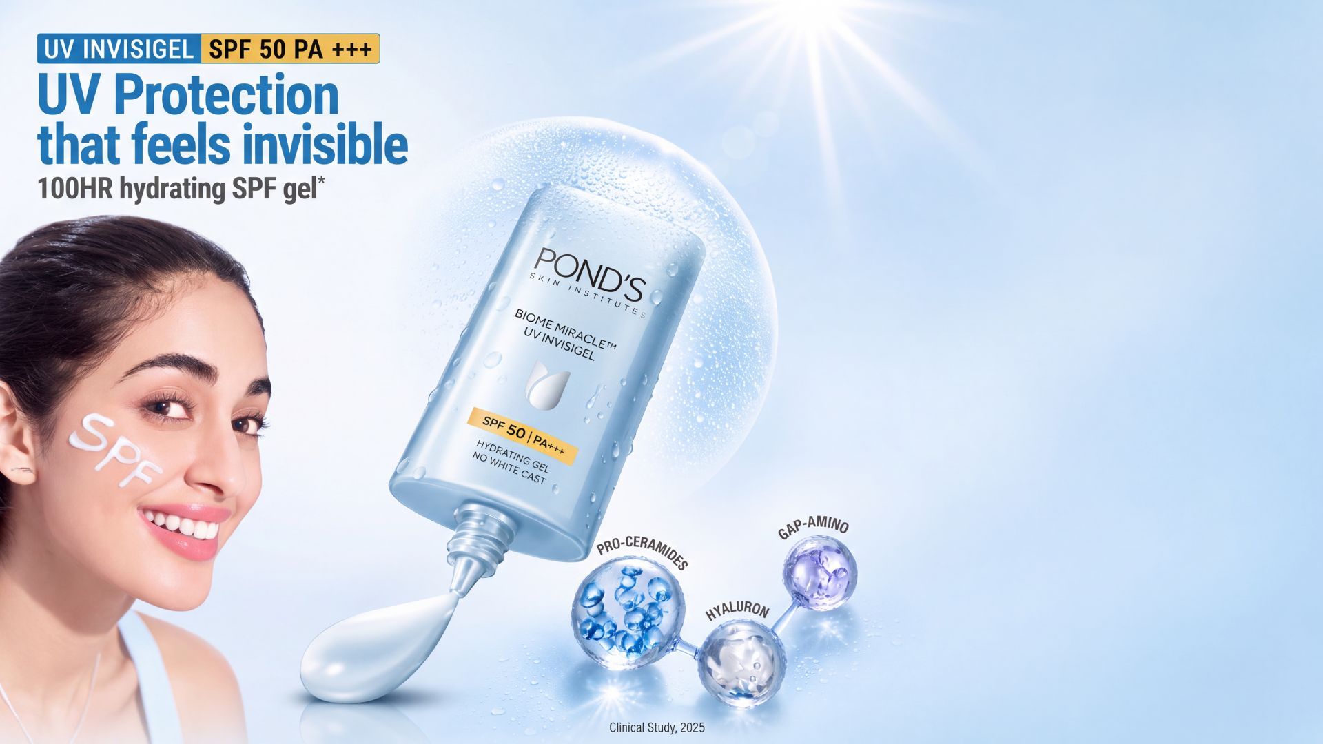 Woman beside Pond's UV Invisigel SPF 50, promoted as invisible UV protection with 100-hour hydration.