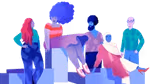 a diverse group of people sitting on blocks